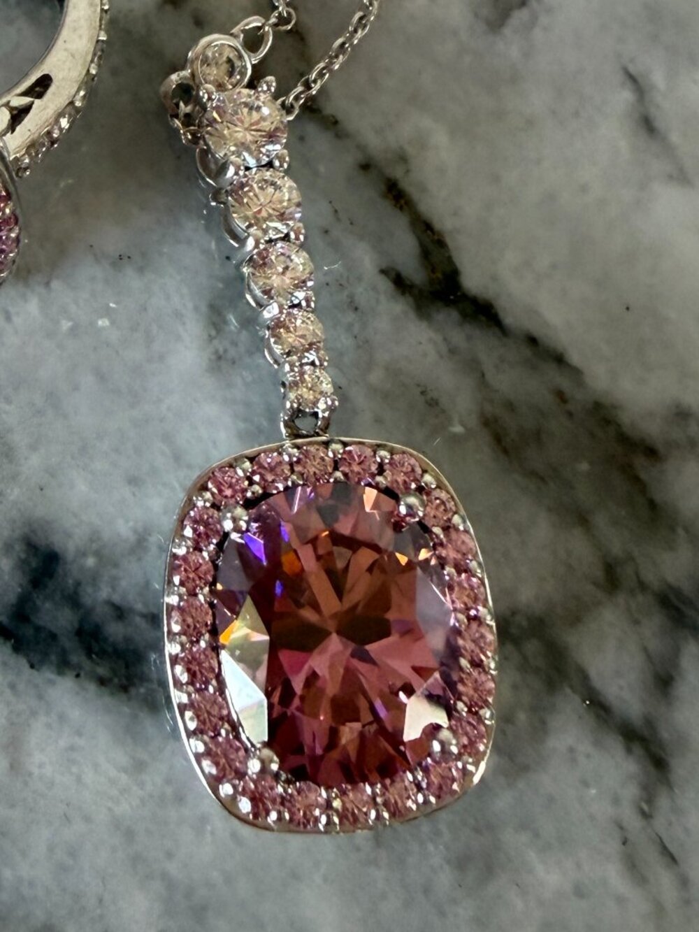 RARE Jean Dousset 925 Simulated Pink Tourmaline Cushion Cut Necklace & Pendant